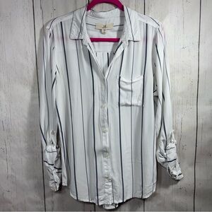 Thread & Supply Stripes Casual Button Down Shirt Roll Tab Sleeve Nautical Pocket